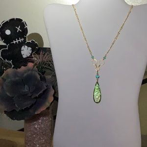 Green Gemstone Gold and Green Rhinestone and Gold Loop Drop on Gold Figaro Chain